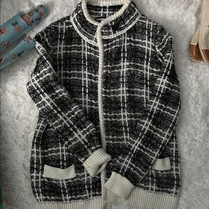 Karl Lagerfeld Black and Cream Zip-Up Sweater